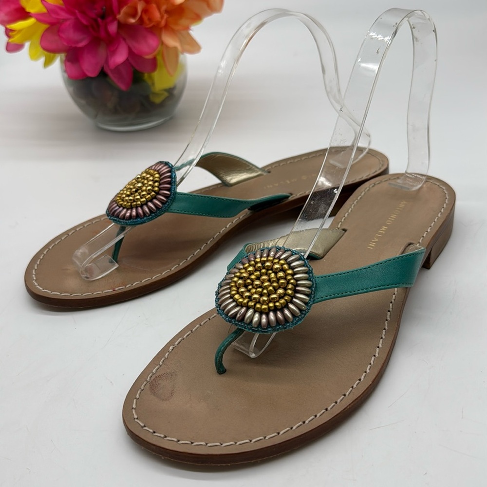 Antonio Melani Teal Yellow flower Flip Flops Size 9.5 FFT7099E